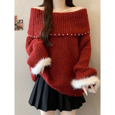 批发高级感一字肩温柔麻烦毛衣女冬新款<b class='q'>胖</b><b class='q'>MM</b>高级感显瘦慵懒风针织衫女