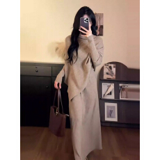 批发巨好看韩系穿搭一整套2025新款斜肩针织连衣裙子女<b class='q'>秋</b>冬季长裙套装