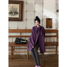 批发黄亮Elovey 一眼心动的漂亮紫-绵羊毛<b class='q'>中长款</b>双面呢大衣外套女秋冬