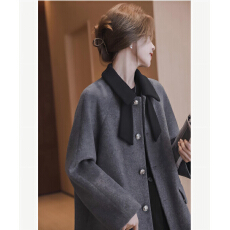 批发高级感撞色毛呢中长款外套<b class='q'>女</b>秋冬款百搭翻领上衣2025百搭呢子<b class='q'>大</b>衣