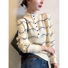 批发半开领设计感半高领长袖条纹蕾丝针织衫秋冬毛衣<b class='q'>上衣</b><b class='q'>欧根纱</b>