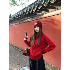 批发韩系秋冬新款女装慵懒风红色针织开衫毛衣宽松显瘦<b class='q'>休闲</b><b class='q'>外套</b>上衣