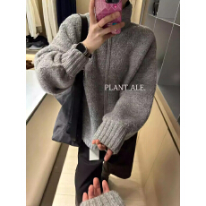 批发韩国chic秋冬韩系慵懒风立领双拉链羊羔毛外套宽松小个子毛衣开衫