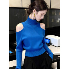 蓝色露肩高领毛衣女秋冬慵懒高级感上衣独特超好看洋气针织打底衫