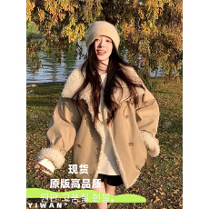 批发<b class='q'>夏</b>诗文 拼接环保仿羊羔绒绗棉派克服女冬大翻领宽松落肩工装外套