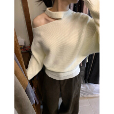 批发SooPri 韩系设计感斜肩露肩挂脖<b class='q'>针织</b>衫女秋新款宽松百搭内搭上衣