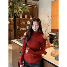 批发韩系气质设计感露肩针织上衣女冬季十三行新款半高领长袖<b class='q'>打底衫</b>