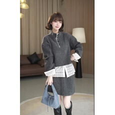 批发薇薇绮设计半高领加绒卫衣拼接蕾丝下摆半裙显瘦<b class='q'>套装</b>