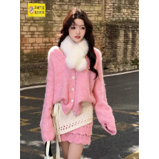 批发气质千金风粉色毛衣套装女秋冬甜美软糯V领针织开衫半身裙两件套