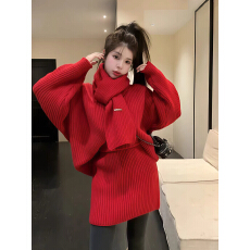 批发韩系气质围巾软糯红色针织上衣短裙女装2025秋冬新款辣妹过年套装