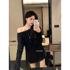 批发何晨曦 白色仿水貂毛毛衣女<b class='q'>春</b>一字肩露锁骨宽松慵懒套头上衣