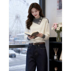 批发白色毛衣女款2025新款冬季设计感撞色拼接小个子<b class='q'>短款</b>女士针织上衣