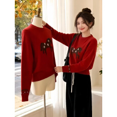 批发韩系<b class='q'>手工</b>花花小马圆领简约百搭全羊毛秋冬针织衫慵懒风高级感套头