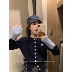 批发MLS 温柔少女感 撞色圆领<b class='q'>短款</b>针织衫女春季小香风韩系<b class='q'>开衫</b>毛衣