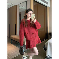 批发韩系一整套深冬穿搭毛衣套装女2025新款重工蝴蝶结针织短裙两件套