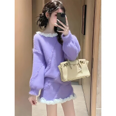 批发韩系紫色毛衣套装女2025新款穿搭巨好看减龄针织上衣半身裙两件套