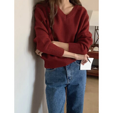 批发韩系红色v领软糯毛衣女秋冬宽松简约外穿复古内搭打底<b class='q'>针织</b>衫上衣