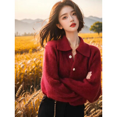 批发韩系红色翻领<b class='q'>短款</b>马海毛针织<b class='q'>开衫</b>女秋冬欧货时尚毛衣外套polo上衣