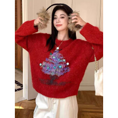 韩系马海毛亮片圣诞树长袖针织衫女超火宽松显瘦小众减龄软糯毛衣