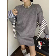 批发韩系慵懒风针织套装女条纹披肩圆领毛衣上衣显瘦包臀半身裙两件套