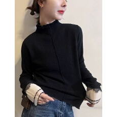批发韩系休闲风高领毛边拼接针织衫女秋<b class='q'>冬</b>款百搭宽松慵懒感打底衫上衣