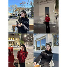 批发蝶宝嘻 圣诞预备 100羊毛 费尔岛翻领<b class='q'>毛衣</b>慵懒宽松针织上衣女秋冬