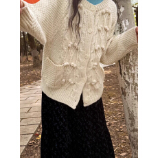 批发韩系设计感重工<b class='q'>立体</b><b class='q'>花朵</b>粗针针织外套女2025秋冬新款宽松毛衣开衫