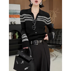 批发韩系chic显瘦修身条纹V领长袖针织衫<b class='q'>女</b>装新款早秋季撞色<b class='q'>打底衫</b>潮