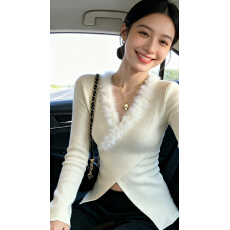 批发不规则设计感拼接毛毛v领针织衫<b class='q'>女</b>2025秋开叉毛衣<b class='q'>打底衫</b>收腰上衣