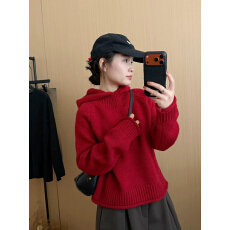 韩系百搭连帽卷边套头针织衫女2025冬季新款宽松韩版毛衣上衣短款