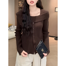 批发韩系咖色一字肩针织长袖女2025秋季新款<b class='q'>休闲</b>时尚大码内搭显瘦上衣
