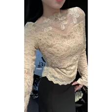 批发韩系圆领网纱<b class='q'>镂空</b>磨毛长袖蕾丝衫女2025秋冬新款修身显瘦打底上衣