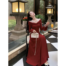 批发凌茜恣禾黛胭法式针织拼接蕾丝一字肩收腰大摆<b class='q'>长袖</b>长款<b class='q'>连衣</b>裙女