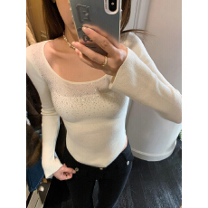 批发韩系<b class='q'>百搭</b>纯欲U领烫钻长袖针织衫女秋冬气质超好看高级感内搭上衣