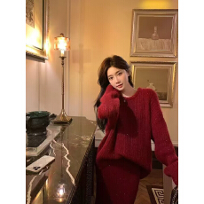 批发陈大钰圣诞节红色亮丝毛衣套装女秋冬穿搭一整套针织半身裙两件套