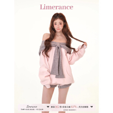 批发雾港甜章设计感撞色一字肩连帽宽松加绒卫衣<b class='q'>短裤</b>套装秋冬