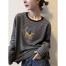 批发秋冬新款韩版条纹磨毛加厚卡通印花圆领长袖<b class='q'>t</b><b class='q'>恤</b>女宽松打底衫上衣