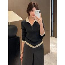 韩系复古撞色假两件v领针织衫女秋冬宽松慵懒高级感时尚休闲毛衣