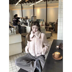 批发韩系粉色翻领羊羔毛短外套女秋冬小个子温柔气质少女软糯毛毛上衣