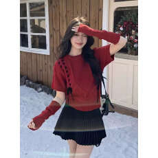 批发红色短袖麻花针织衫女冬温柔风系带<b class='q'>毛衣</b>上衣配袖套