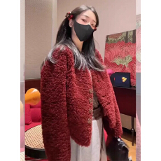 批发韩系2025新款过年战袍本命年红色短款小香风羊羔毛绒<b class='q'>外套</b>女款秋冬