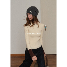 批发EGGKA撞色不规则翻领修身针织衫女设计感小众<b class='q'>长袖</b><b class='q'>打底衫</b>外穿上衣