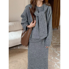 批发韩系慵懒风设计感宽松毛衣女2025<b class='q'>冬</b>新款垂坠感长裤针织披肩三件套