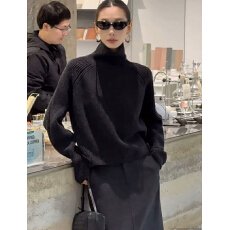 韩系高级感气质极简风黑色高领套头女装宽松慵懒风毛衣针织衫上衣