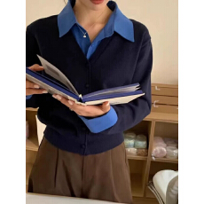 批发法式polo领拼接假两件上衣<b class='q'>女装</b>早春秋季2025新款毛衣针织开衫<b class='q'>外套</b>