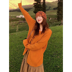 批发慵懒风韩系橘色系带针织开衫<b class='q'>外套女</b>早春配吊带流行穿搭巨好看上衣