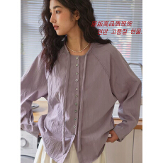 批发solighterr 法式天丝紫色立领抽绳长袖<b class='q'>衬衫</b>女春季新款设计感上衣