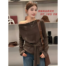批发咖色绑带收腰长袖针织衫女士上衣春秋韩系氛围感穿搭打底T恤厚款