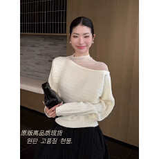 批发韩系斜肩条纹针织衫女网纱拼接设计感宽松显瘦毛衣2026春秋季新款