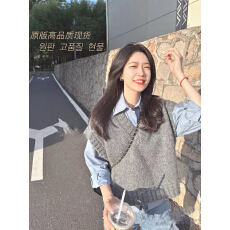 批发韩系灰色无袖背心针织马甲女春秋季外搭毛衣叠穿毛衣坎肩马夹上衣